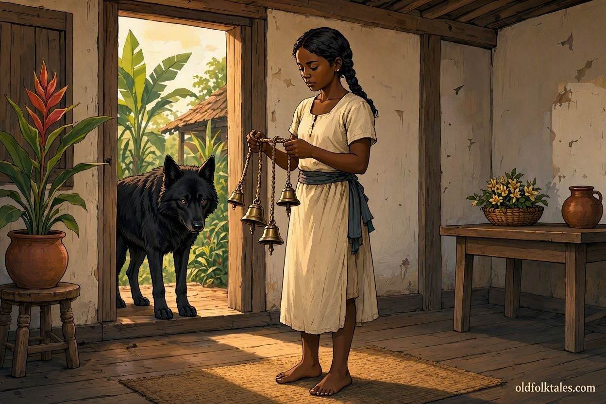 A young woman rings the four bells as a large wolf enters her home in this traditional Mauritian folktale.