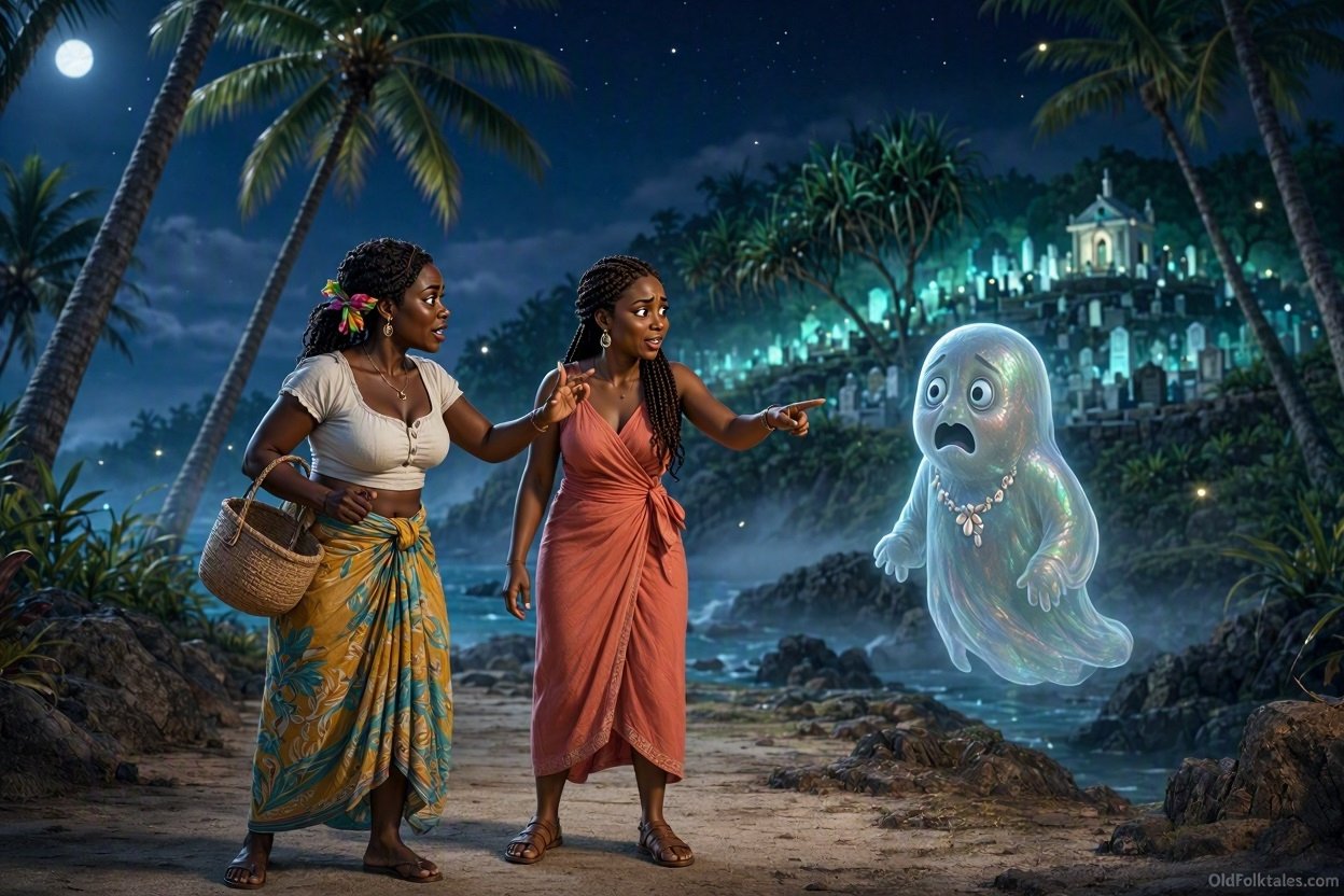 Two women frighten a ghost by claiming that his cemetery is on fire.