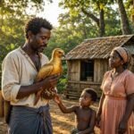 A humble Mauritian hunter carefully holding a magnificent golden bird in a lush tropical forest while his family watches in amazement.