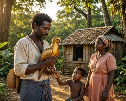 A humble Mauritian hunter carefully holding a magnificent golden bird in a lush tropical forest while his family watches in amazement.