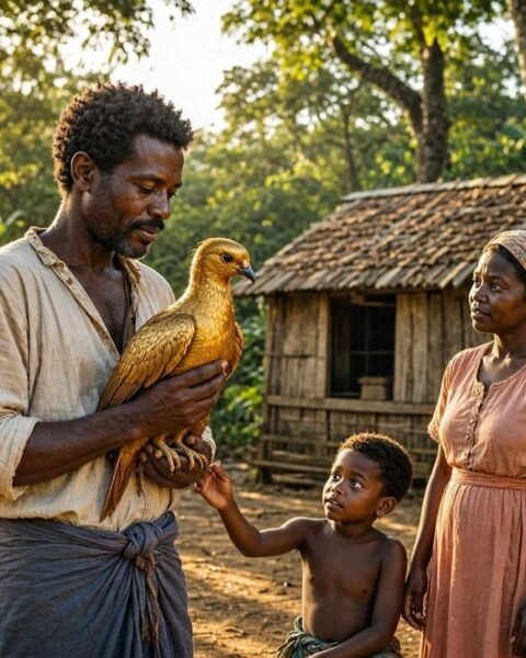 A humble Mauritian hunter carefully holding a magnificent golden bird in a lush tropical forest while his family watches in amazement.