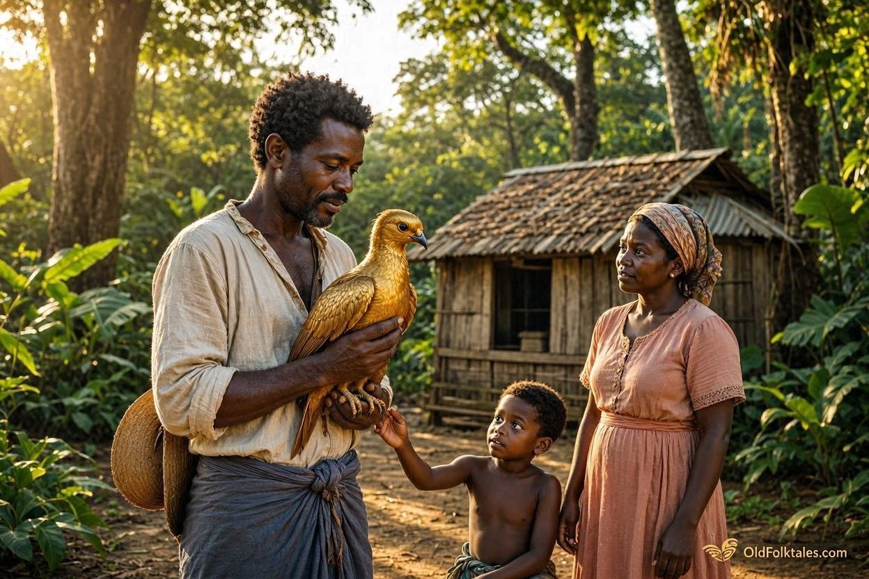A humble Mauritian hunter carefully holding a magnificent golden bird in a lush tropical forest while his family watches in amazement.