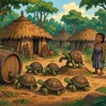 Tortoises work together to empty a giant wine barrel in a Gabonese trickster tale.