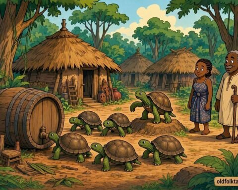 Tortoises work together to empty a giant wine barrel in a Gabonese trickster tale.