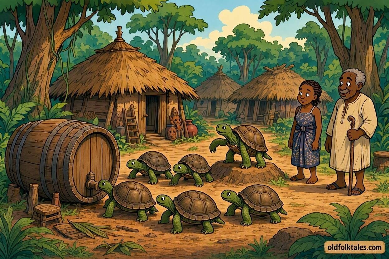 Tortoises work together to empty a giant wine barrel in a Gabonese trickster tale.