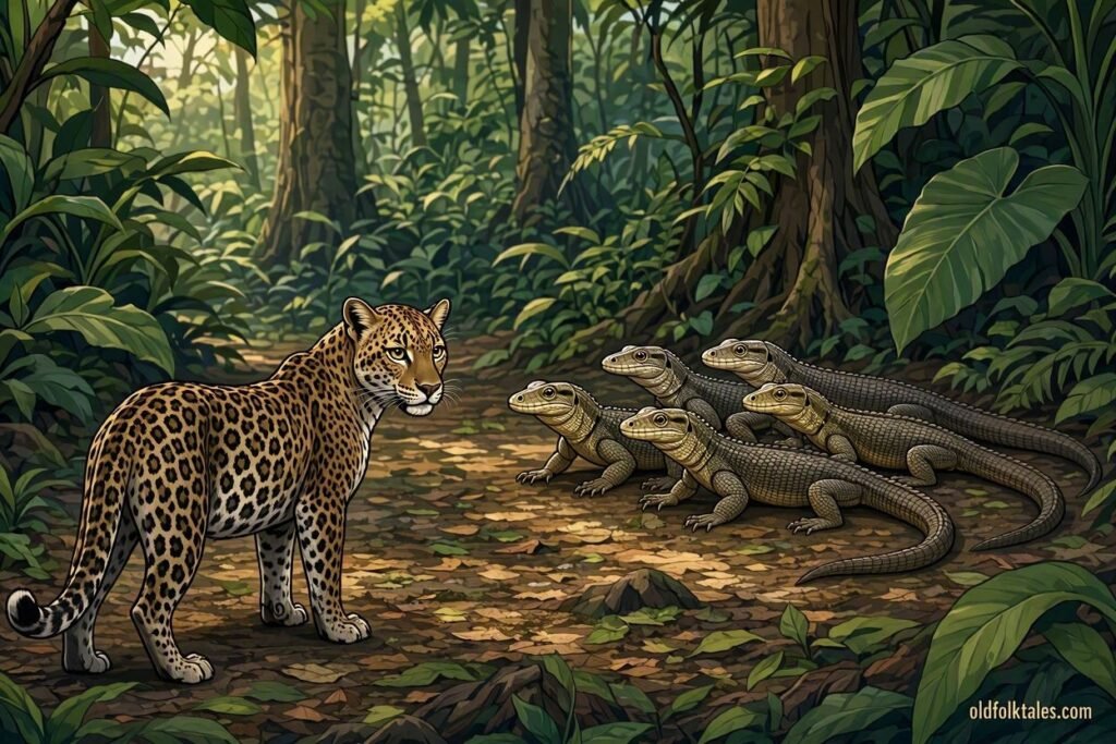 A family of varans faces a hungry leopard and uses cleverness to survive.