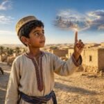 Mohammed raises his magic finger to see distant events and protect his family.