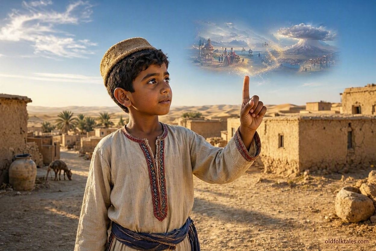 Mohammed raises his magic finger to see distant events and protect his family.