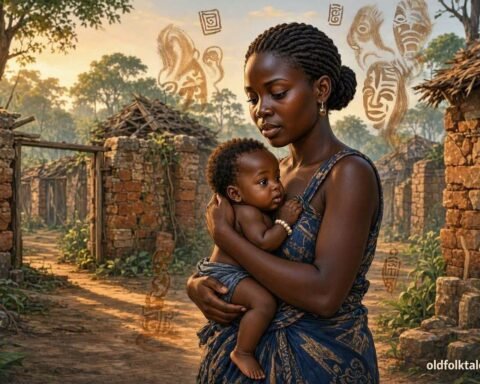 Ilombè carries her daughter through the forest after receiving a warning from the voices of her deceased relatives.
