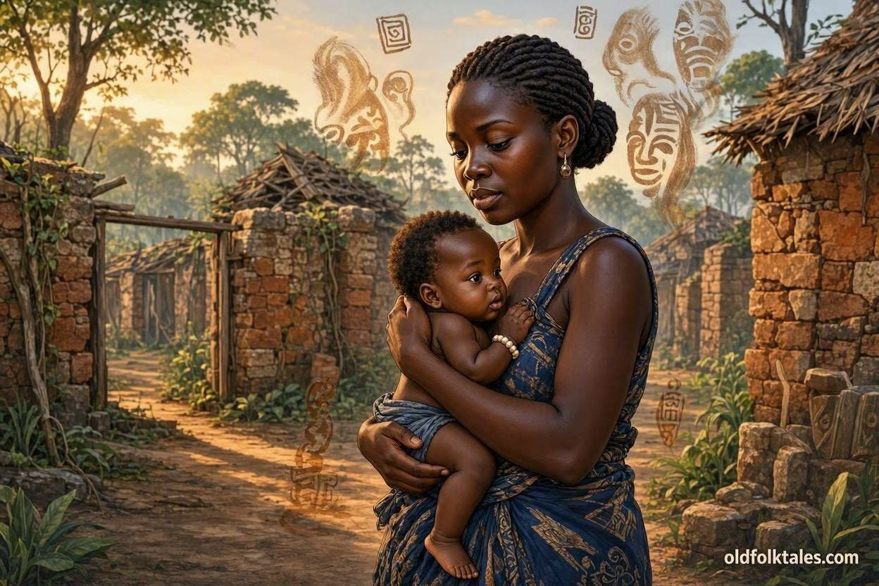 Ilombè carries her daughter through the forest after receiving a warning from the voices of her deceased relatives.