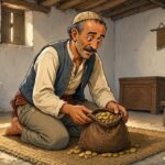Dschuha discovers ninety nine gold pieces in his home and faces a clever dispute over the unexpected money.