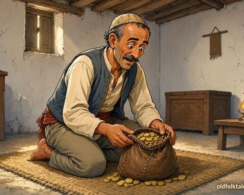 Dschuha discovers ninety nine gold pieces in his home and faces a clever dispute over the unexpected money.
