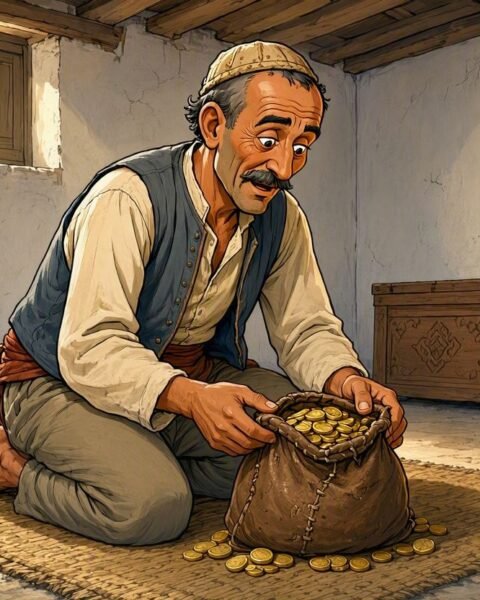 Dschuha discovers ninety nine gold pieces in his home and faces a clever dispute over the unexpected money.