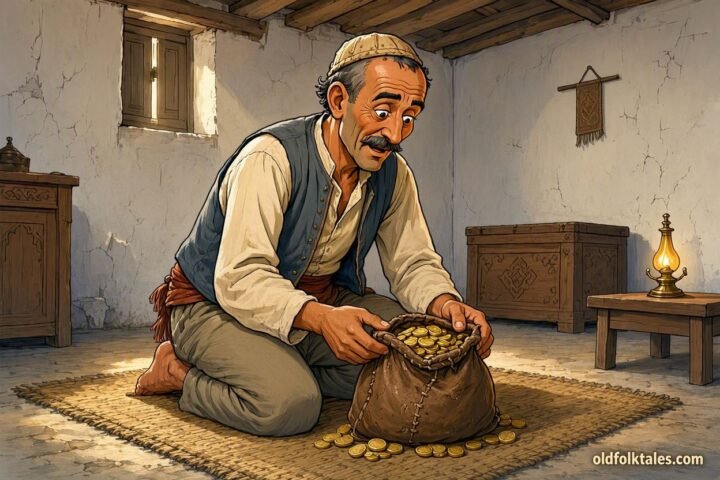 Dschuha discovers ninety nine gold pieces in his home and faces a clever dispute over the unexpected money.