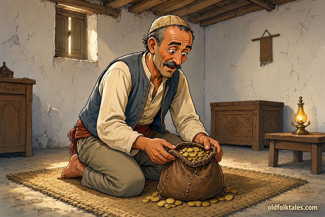 Dschuha discovers ninety nine gold pieces in his home and faces a clever dispute over the unexpected money.