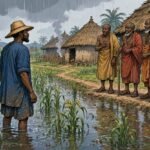A Wolof farmer standing in his flooded millet field while village elders offer guidance in a traditional Gambian farming community.