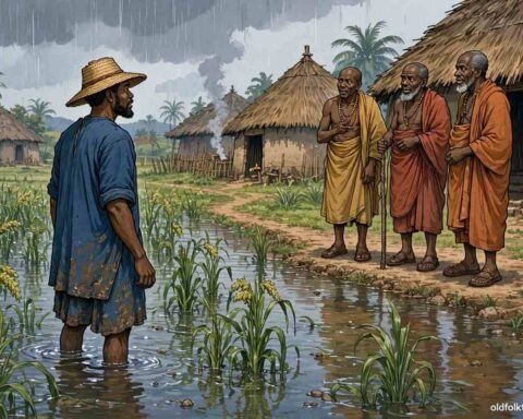 A Wolof farmer standing in his flooded millet field while village elders offer guidance in a traditional Gambian farming community.