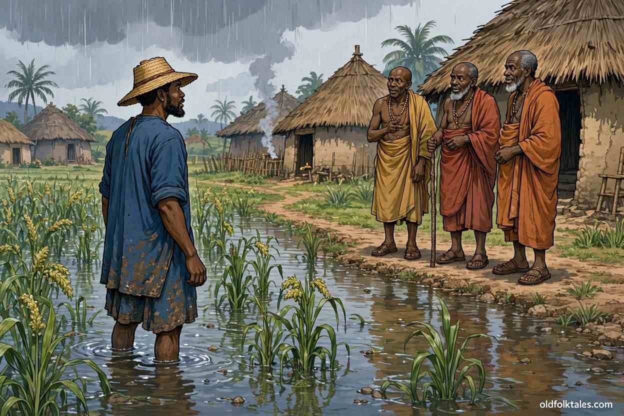 A Wolof farmer standing in his flooded millet field while village elders offer guidance in a traditional Gambian farming community.