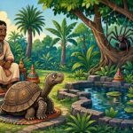 A patient tortoise standing before a Mauritian king beside a restored royal pond while forest animals gather nearby.