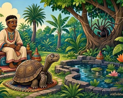 A patient tortoise standing before a Mauritian king beside a restored royal pond while forest animals gather nearby.