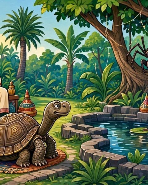 A patient tortoise standing before a Mauritian king beside a restored royal pond while forest animals gather nearby.