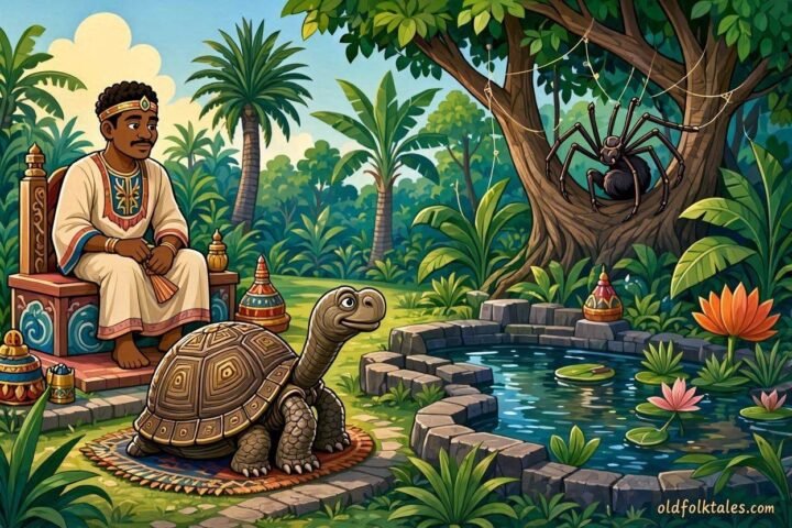 A patient tortoise standing before a Mauritian king beside a restored royal pond while forest animals gather nearby.