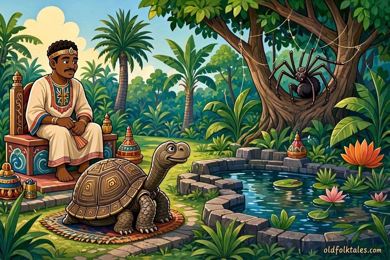 A patient tortoise standing before a Mauritian king beside a restored royal pond while forest animals gather nearby.
