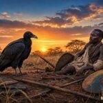 A black vulture stands on a quiet battlefield while a wounded Dinka warrior hears its warning to choose peace.