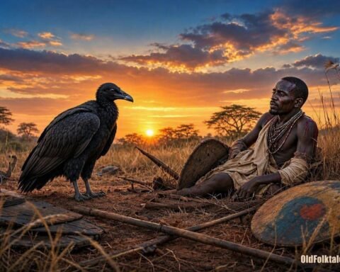 A black vulture stands on a quiet battlefield while a wounded Dinka warrior hears its warning to choose peace.