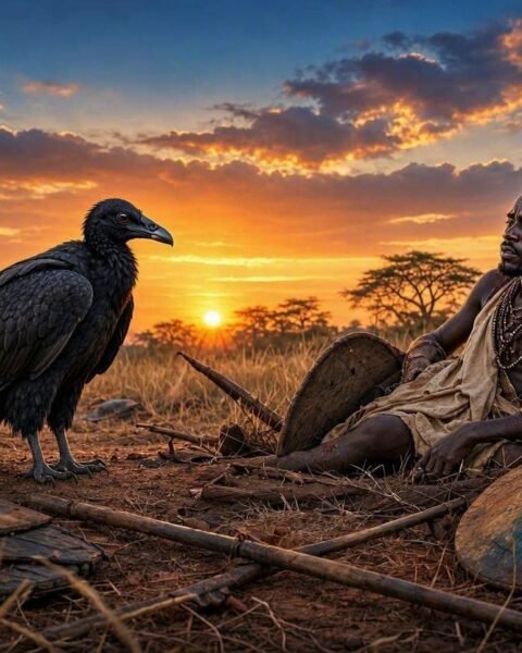 A black vulture stands on a quiet battlefield while a wounded Dinka warrior hears its warning to choose peace.