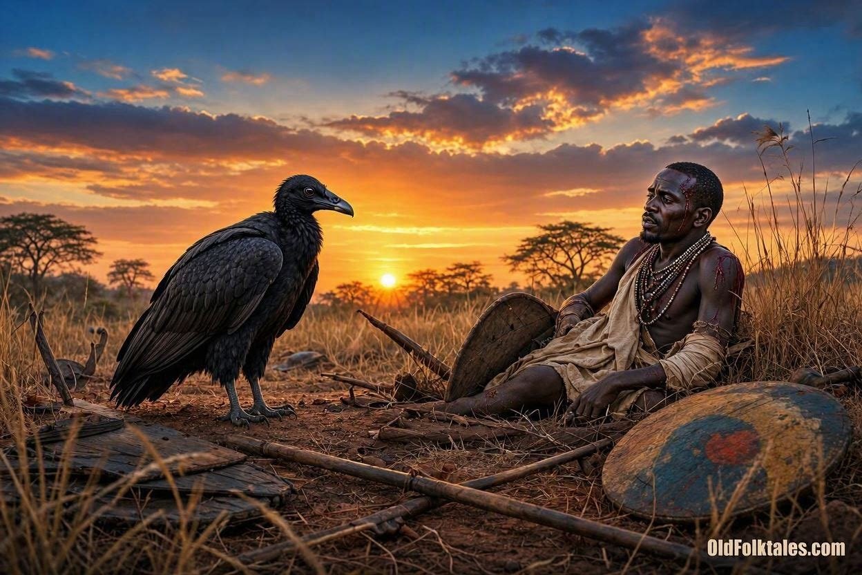 A black vulture stands on a quiet battlefield while a wounded Dinka warrior hears its warning to choose peace.