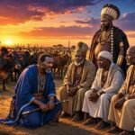 A grieving wealthy man kneels before village elders in a traditional South Sudanese village after learning a painful lesson about envy and leadership.