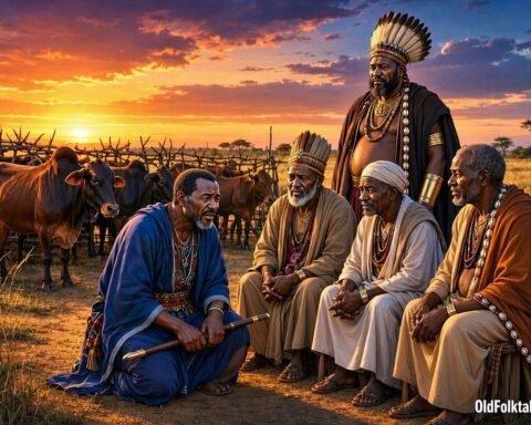 A grieving wealthy man kneels before village elders in a traditional South Sudanese village after learning a painful lesson about envy and leadership.