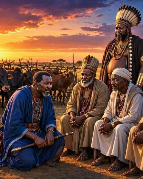 A grieving wealthy man kneels before village elders in a traditional South Sudanese village after learning a painful lesson about envy and leadership.