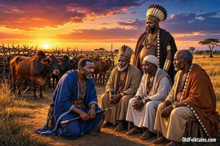 A grieving wealthy man kneels before village elders in a traditional South Sudanese village after learning a painful lesson about envy and leadership.