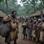 A mysterious Fang man carrying a dark bag through a forest village in Gabon