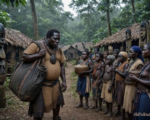 A mysterious Fang man carrying a dark bag through a forest village in Gabon
