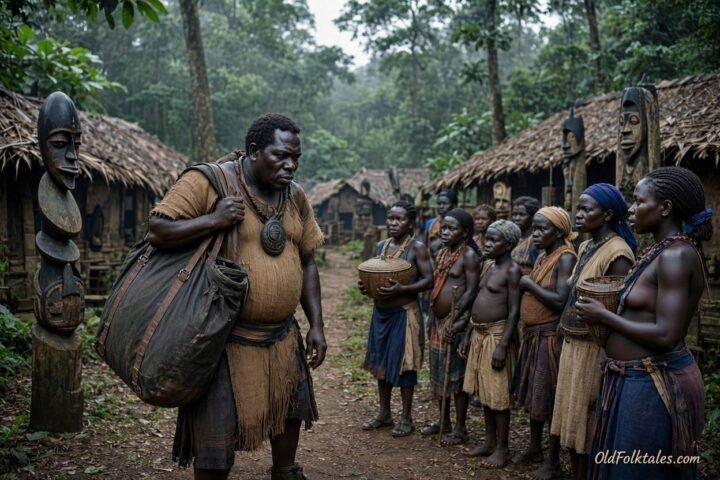 A mysterious Fang man carrying a dark bag through a forest village in Gabon