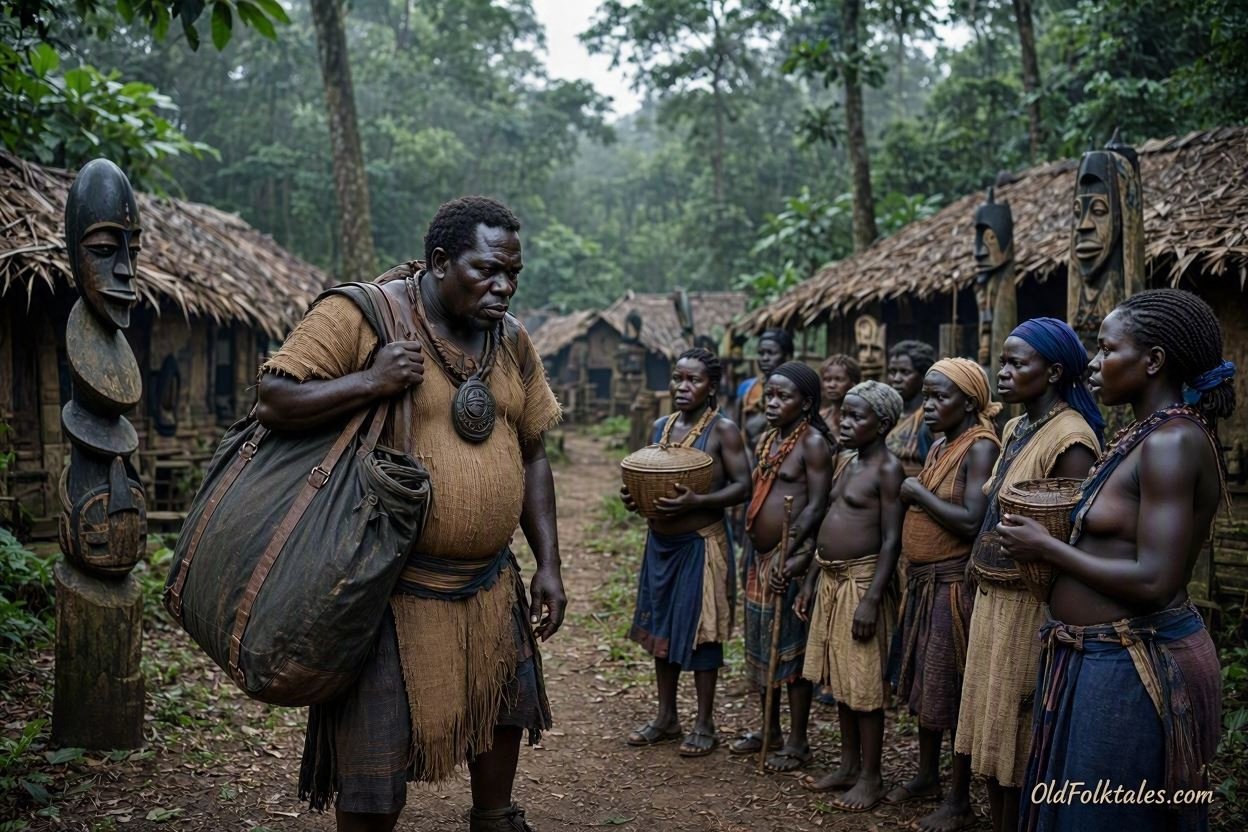 A mysterious Fang man carrying a dark bag through a forest village in Gabon