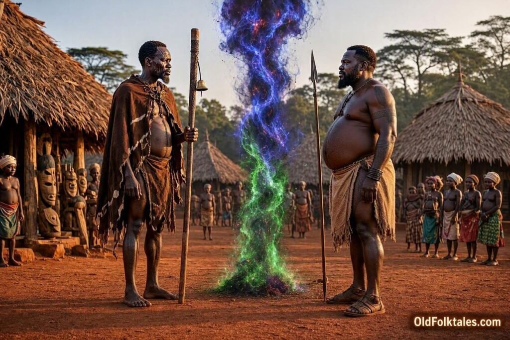 Angonzing and Ndongmba confronting each other in a dramatic supernatural Fang legend from Gabon