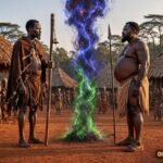 Angonzing and Ndongmba confronting each other in a dramatic supernatural Fang legend from Gabon