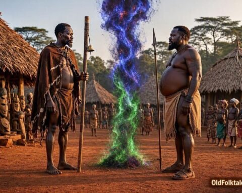 Angonzing and Ndongmba confronting each other in a dramatic supernatural Fang legend from Gabon