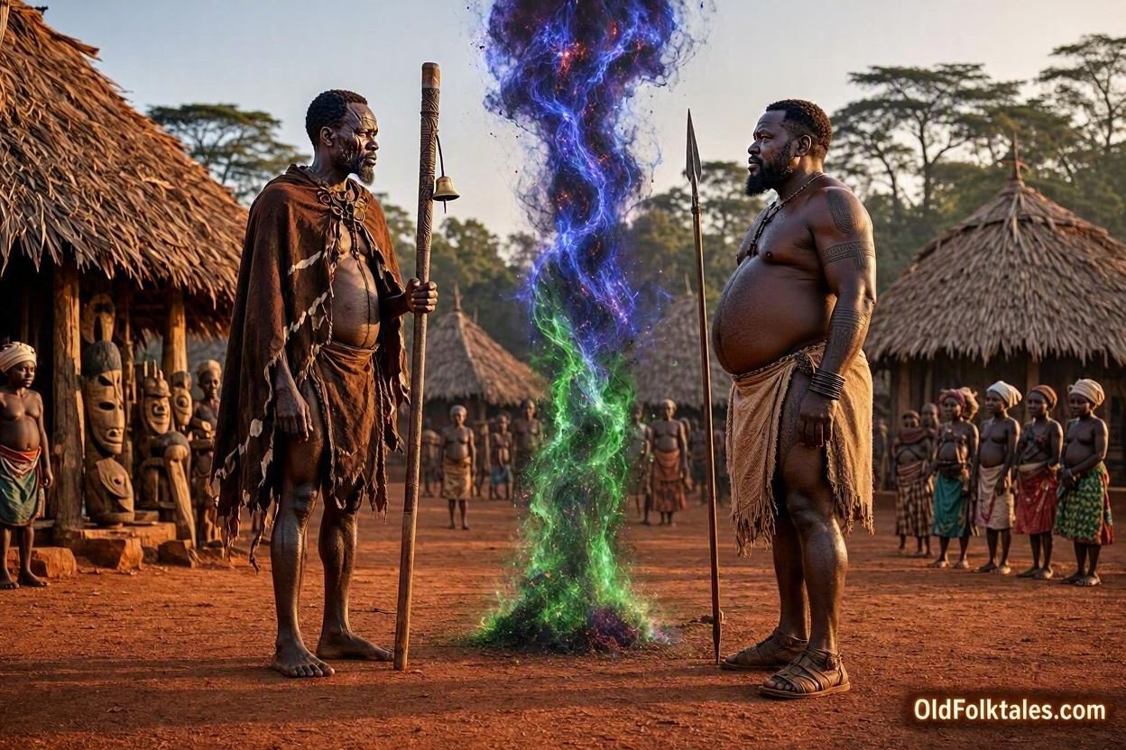 Angonzing and Ndongmba confronting each other in a dramatic supernatural Fang legend from Gabon