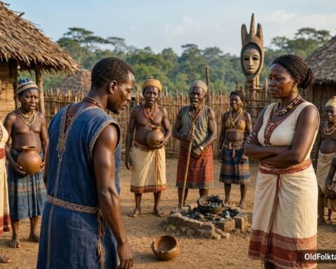 Bekale and his wife in a traditional Fang village as his selfish behaviour brings consequences