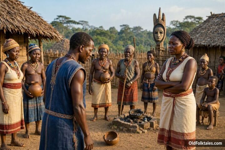 Bekale and his wife in a traditional Fang village as his selfish behaviour brings consequences
