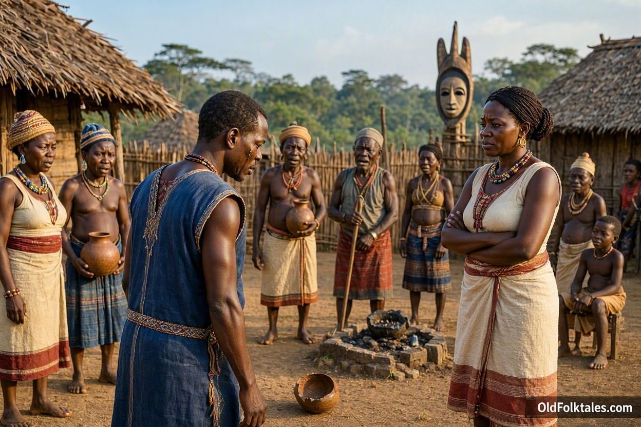 Bekale and his wife in a traditional Fang village as his selfish behaviour brings consequences