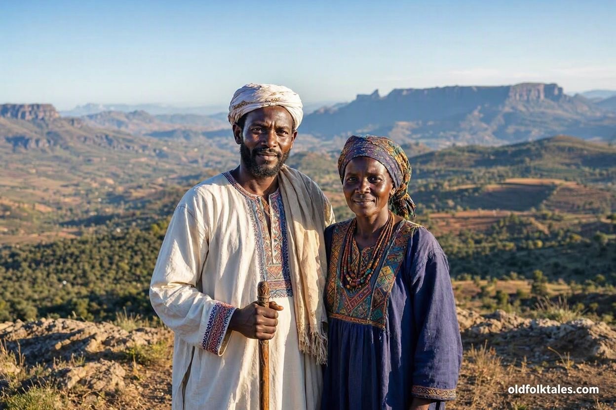 Gendefli and his wife living on a high mountain in traditional Tigre Eritrean setting