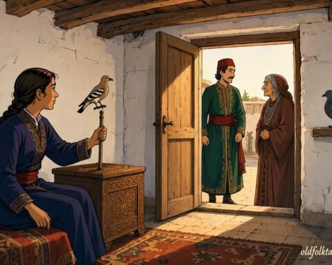 A young woman inside a Kabyle countryside house listens to two birds warning her while a prince and an old woman wait outside.