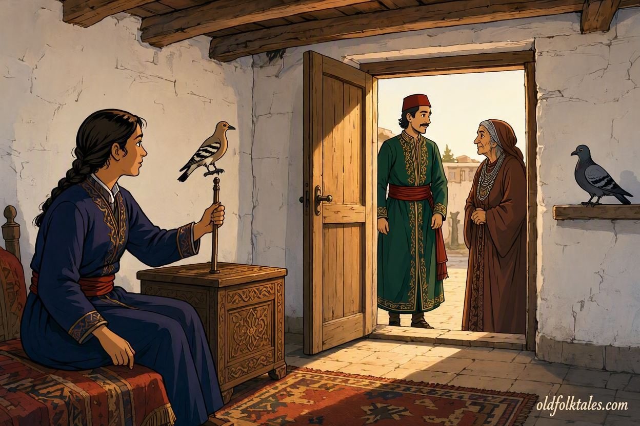 A young woman inside a Kabyle countryside house listens to two birds warning her while a prince and an old woman wait outside.