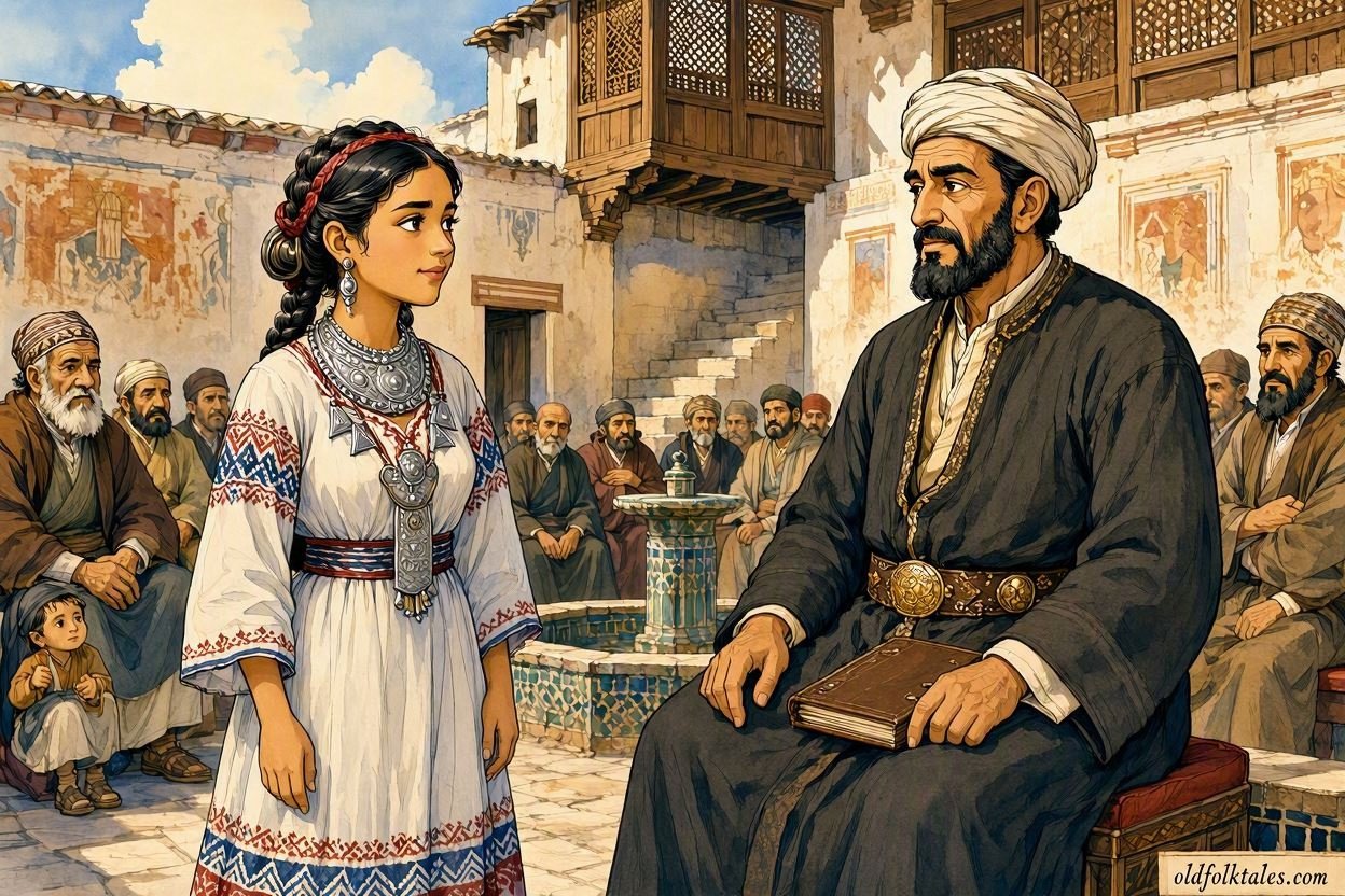 A clever Kabyle woman standing before a cadi in a traditional Algerian courtyard